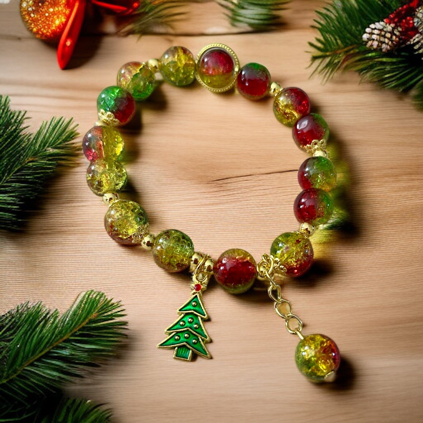 Festive Christmas Bracelet with Red, Green & Gold Beads and Christmas Tree