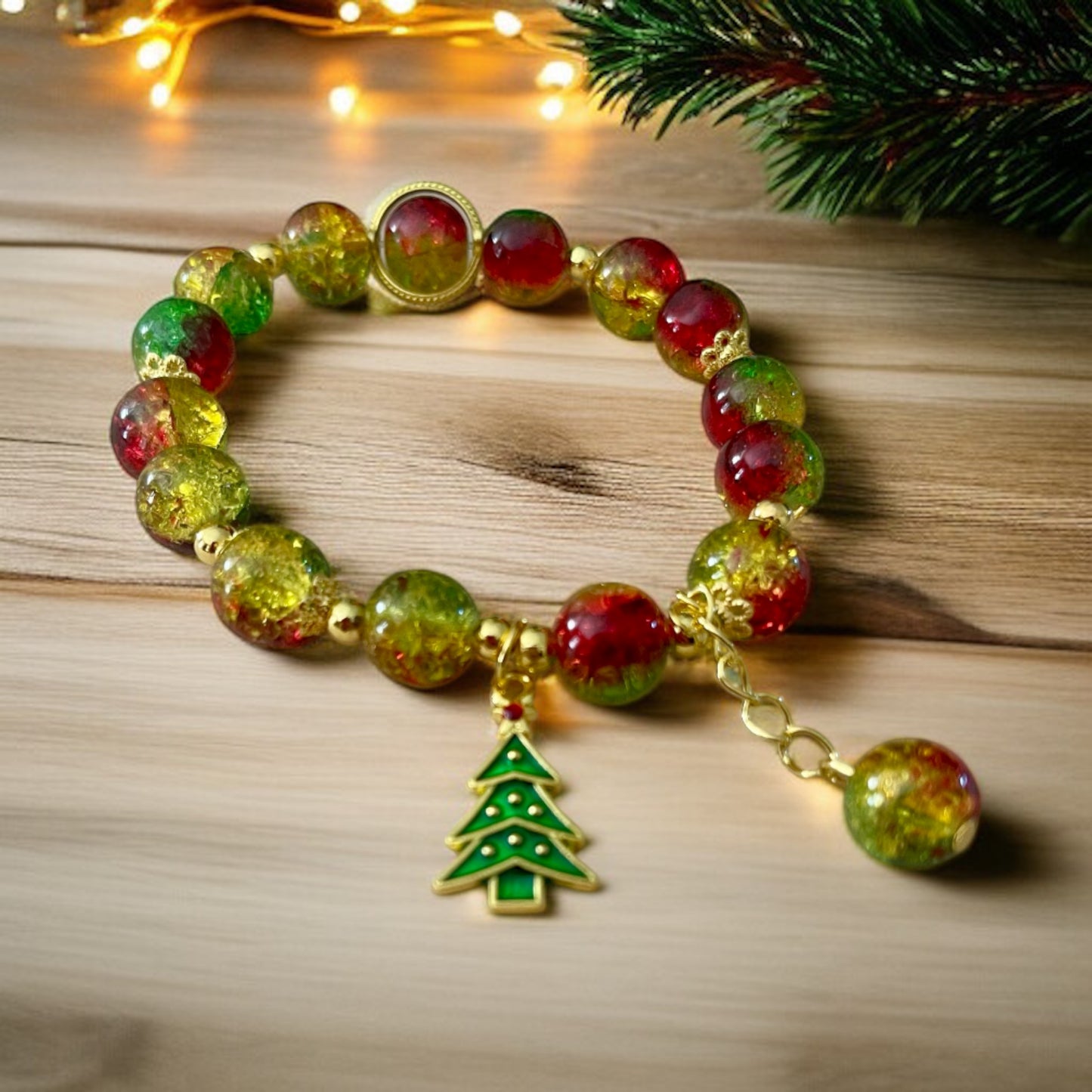 Festive Christmas Bracelet with Red, Green & Gold Beads and Christmas Tree