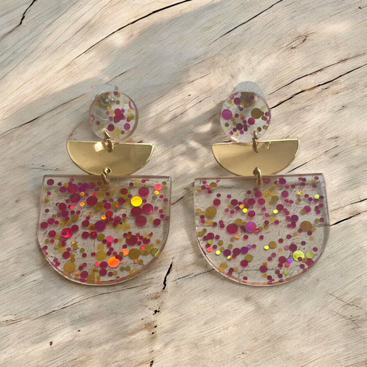 Pink & Gold Confetti Acrylic Earrings – Sparkle with a Golden Touch