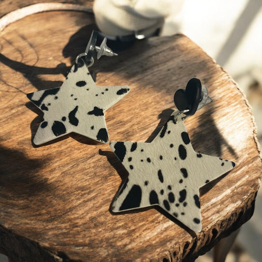 Cow Print Star Earrings with Heart Studs