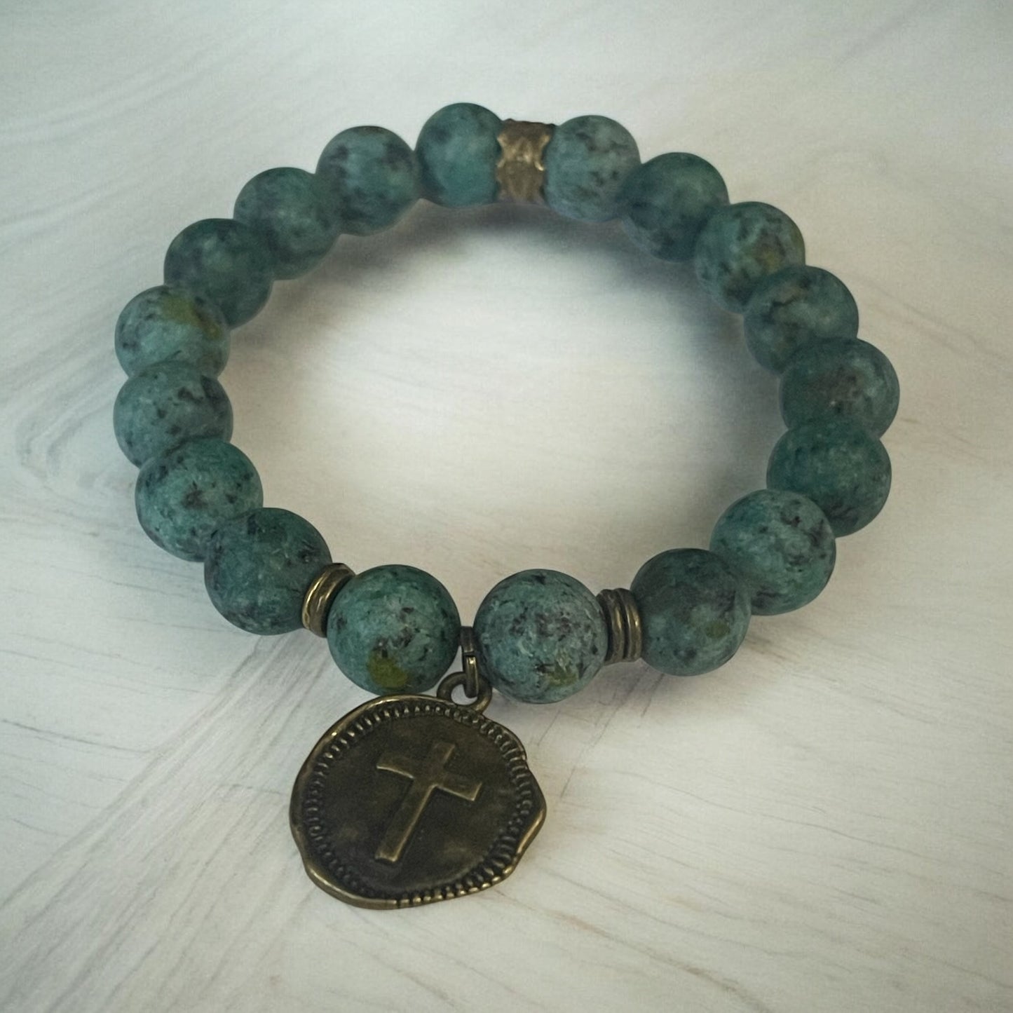 Green Stone Beaded Bracelet with Antique Bronze Cross Charm