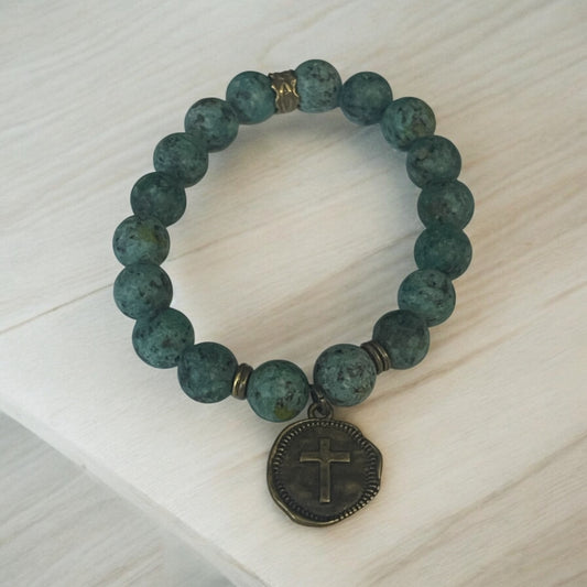 Green Stone Beaded Bracelet with Antique Bronze Cross Charm