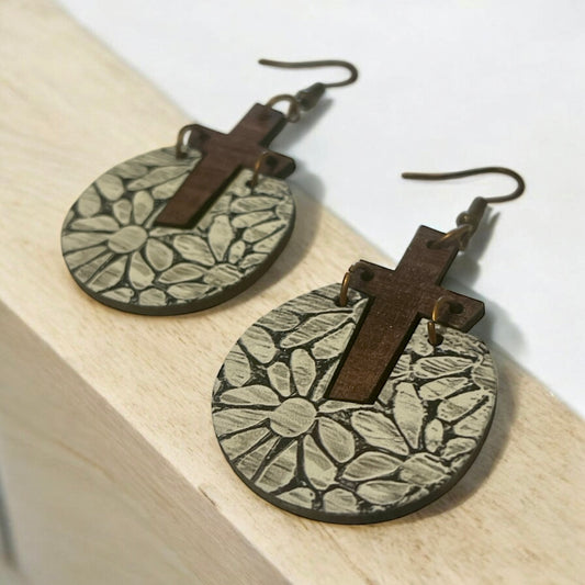 Wooden Cross & Floral Earrings – Faith Meets Nature