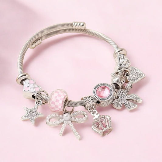 Princess-Inspired Charm Bracelet with Crown and Bow Details