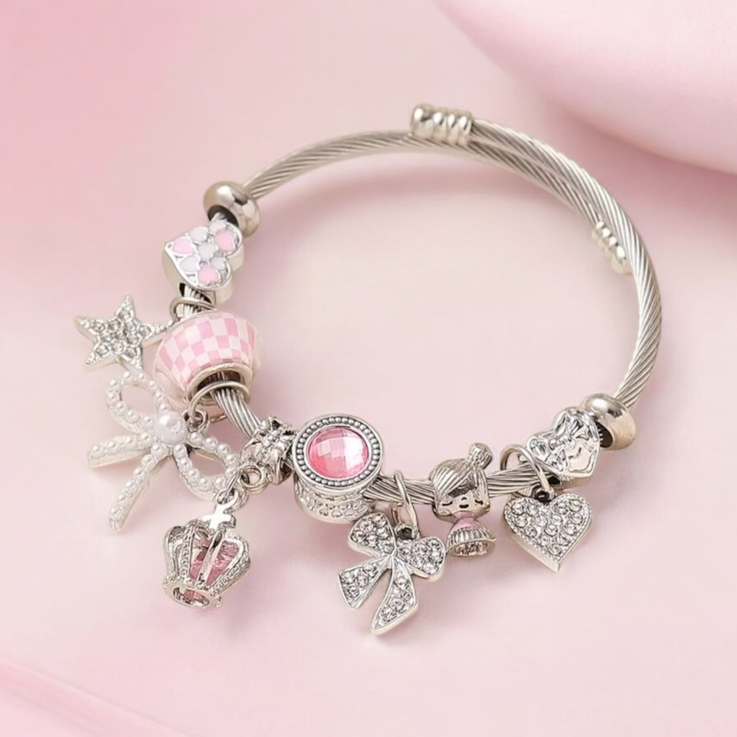 Princess-Inspired Charm Bracelet with Crown and Bow Details