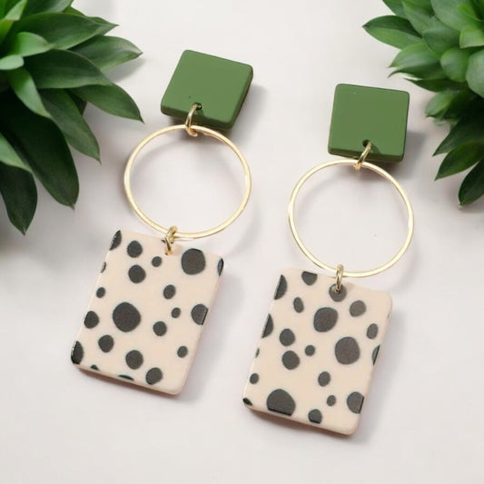 Green, Gold, and Dalmatian Print Dangle Earrings