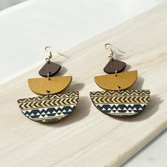 Three-Tier Earth & Gold Dangle Earrings