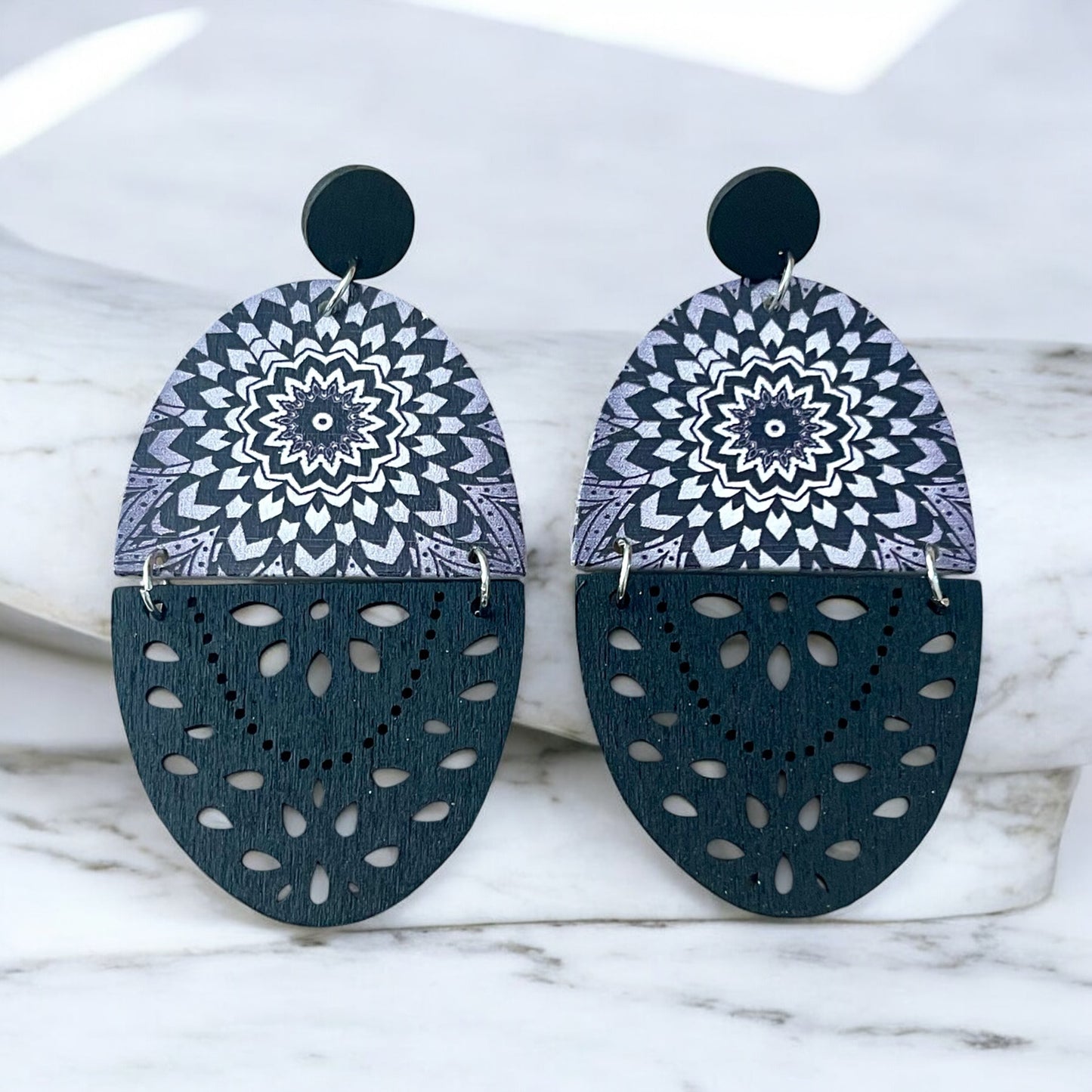 Boho Bloom Patterned Earrings with Black Wood Drop