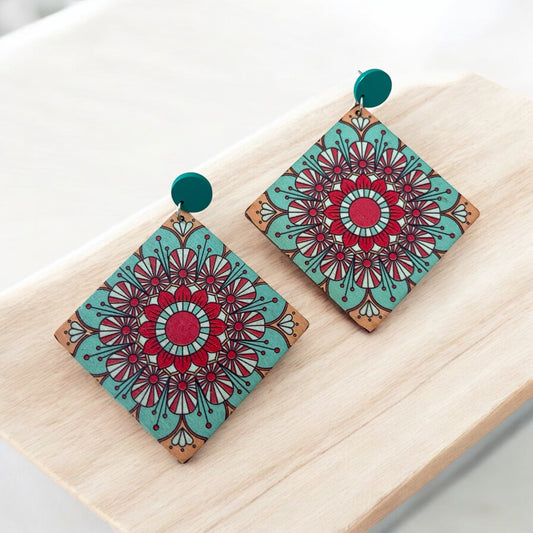 Boho Mandala Diamond Wood Earrings