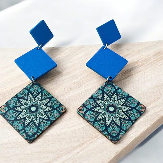 Boho Blue Triple-Tier Mandala Wood Earrings