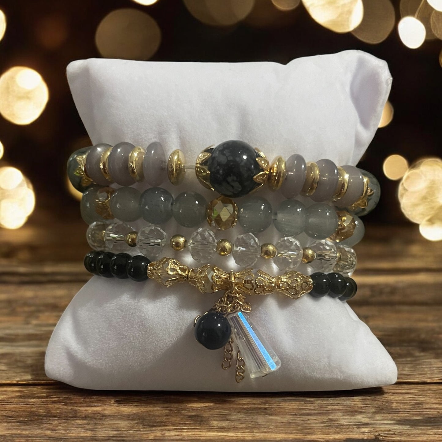 Midnight Mist 4-Piece Bracelet Stack – Black, Gray & Clear Beads with Gold Accents