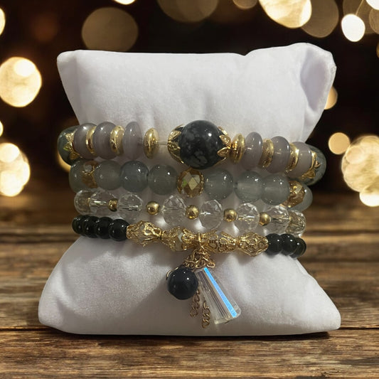 Midnight Mist 4-Piece Bracelet Stack – Black, Gray & Clear Beads with Gold Accents