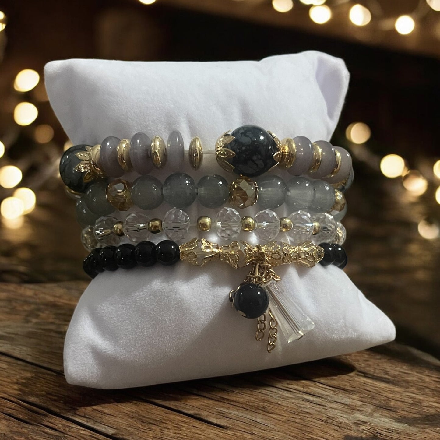 Midnight Mist 4-Piece Bracelet Stack – Black, Gray & Clear Beads with Gold Accents