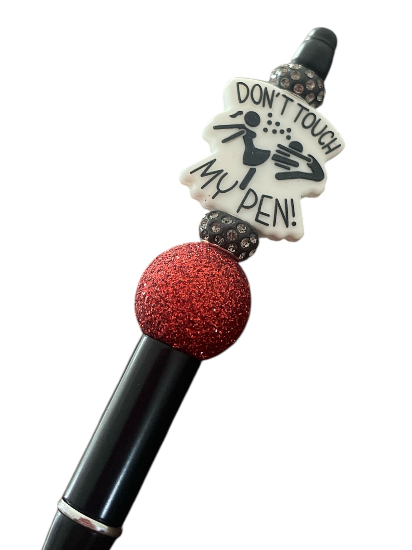 “Don’t Touch My Pen” Silicone Beaded Pen – Sparkly Red & Rhinestone Accent
