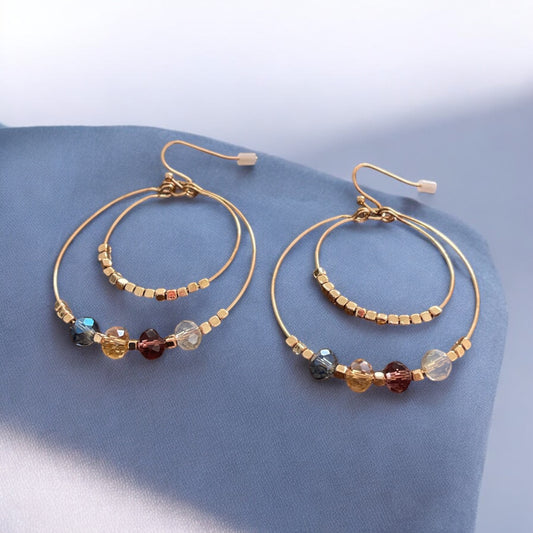Double Hoop Gold Wire Earrings with Faceted Glass Beads