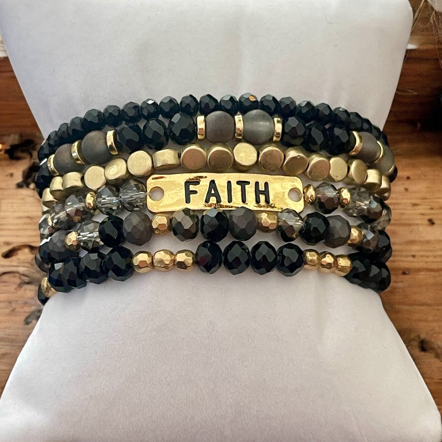 Black & Gold “FAITH” 6-Stack Beaded Bracelet Set