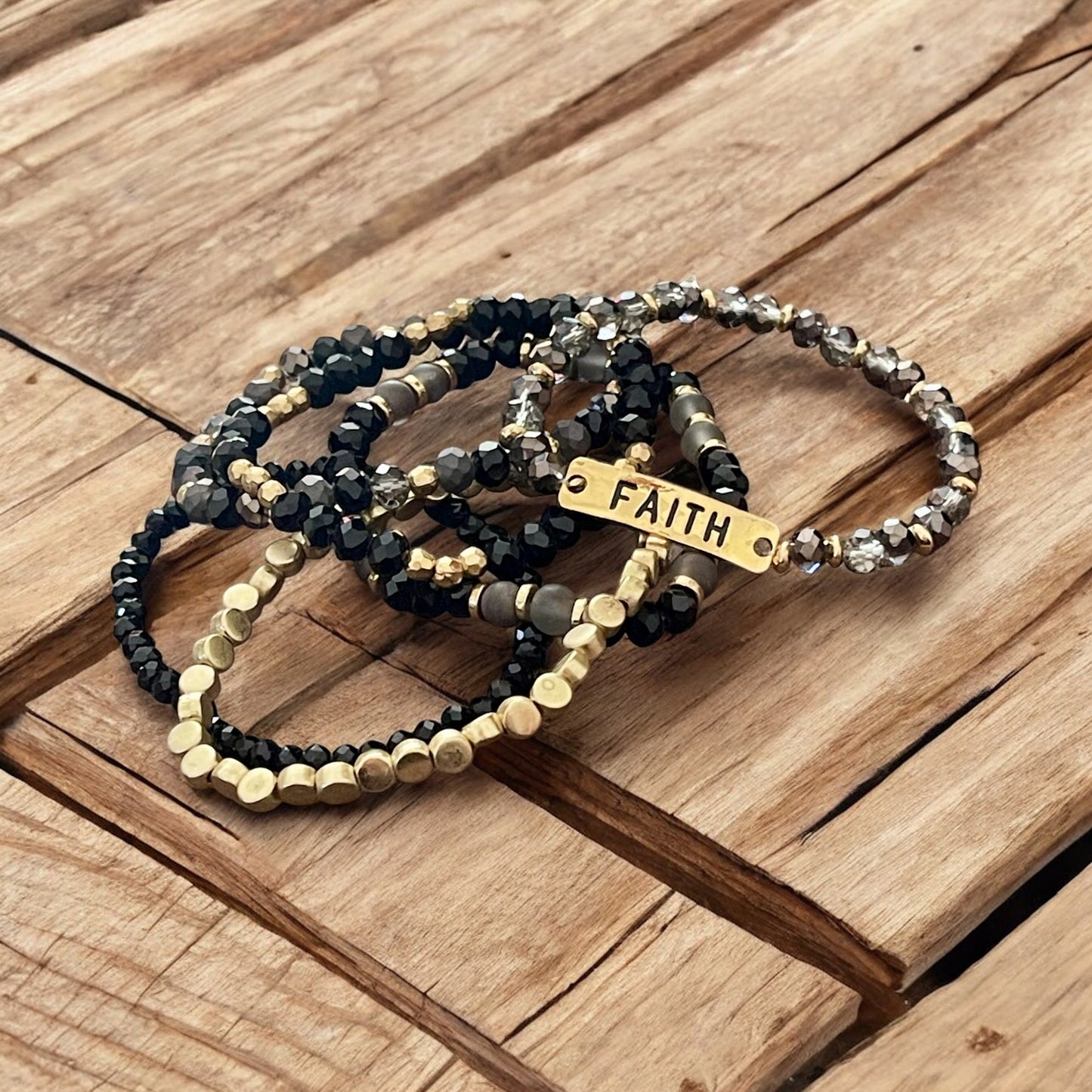 Black & Gold “FAITH” 6-Stack Beaded Bracelet Set