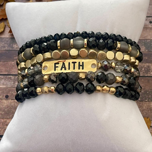 Black & Gold “FAITH” 6-Stack Beaded Bracelet Set