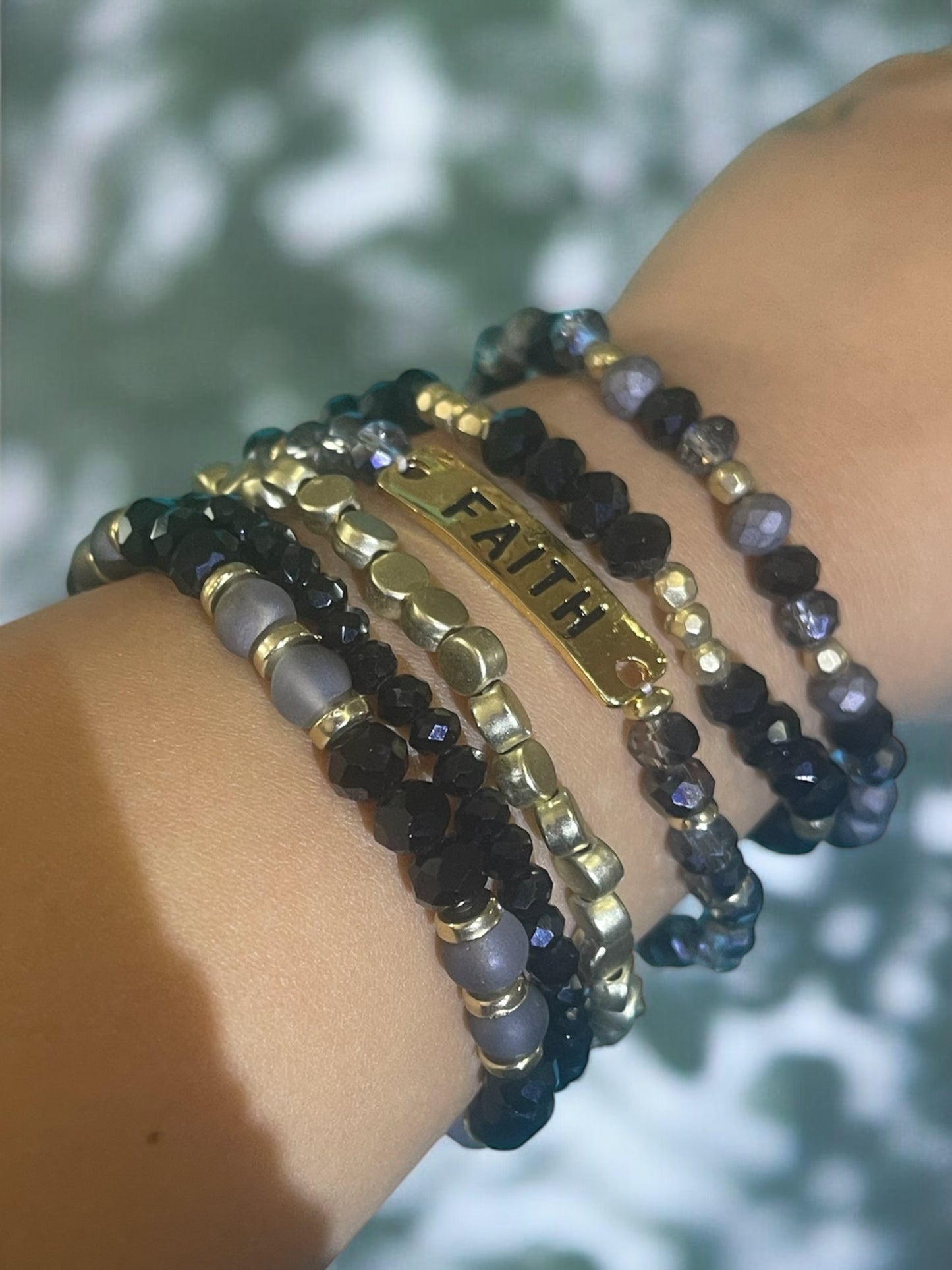 Black & Gold “FAITH” 6-Stack Beaded Bracelet Set