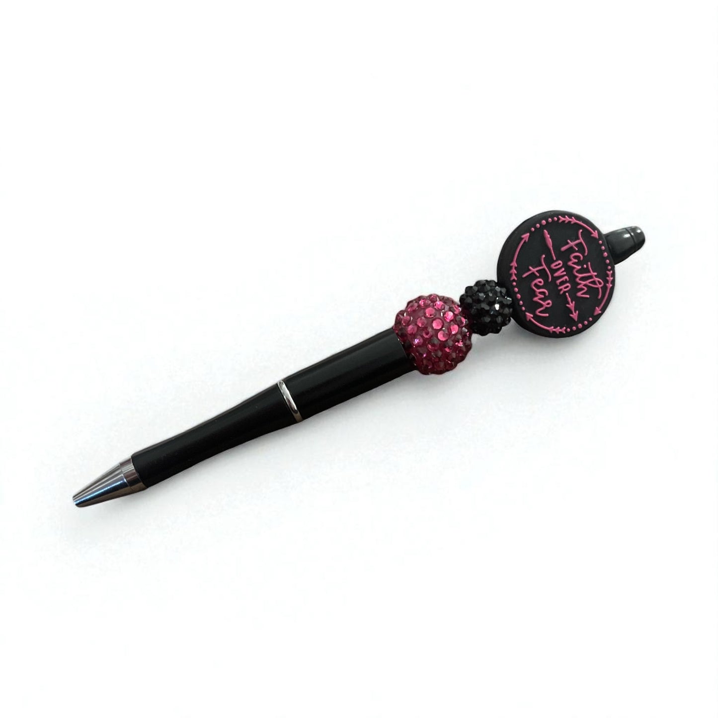 Black Ink Pen – “Faith Over Fear” Beaded Pen with Pink & Black Rhinestone Accents