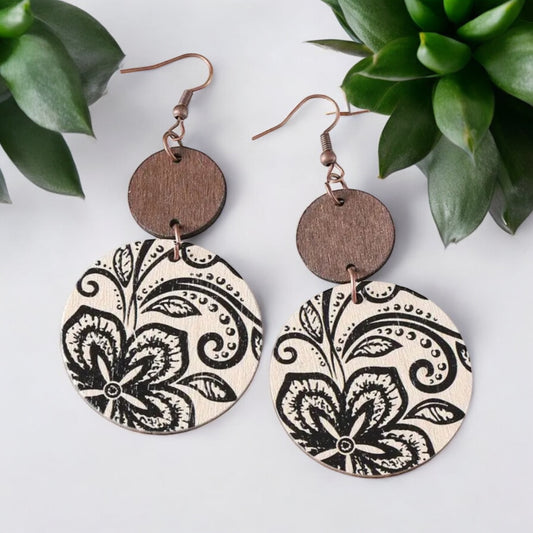 Floral Boho Wooden Dangle Earrings