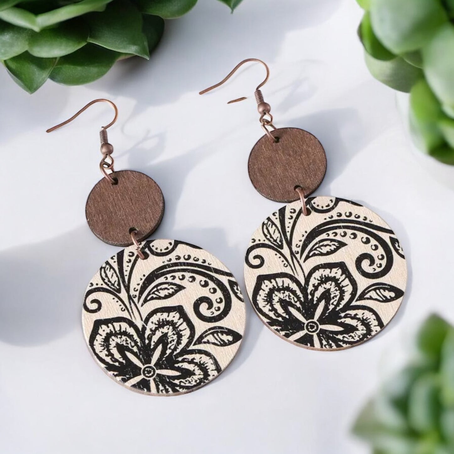 Floral Boho Wooden Dangle Earrings