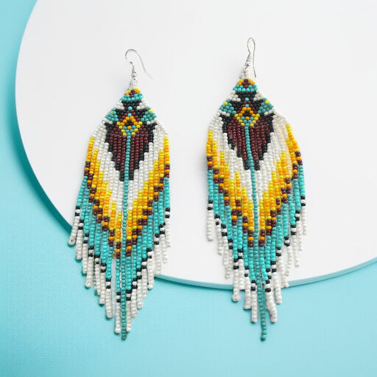 Boho Beaded Fringe Earrings – Turquoise, Burgundy, Black and Yellow Western Style