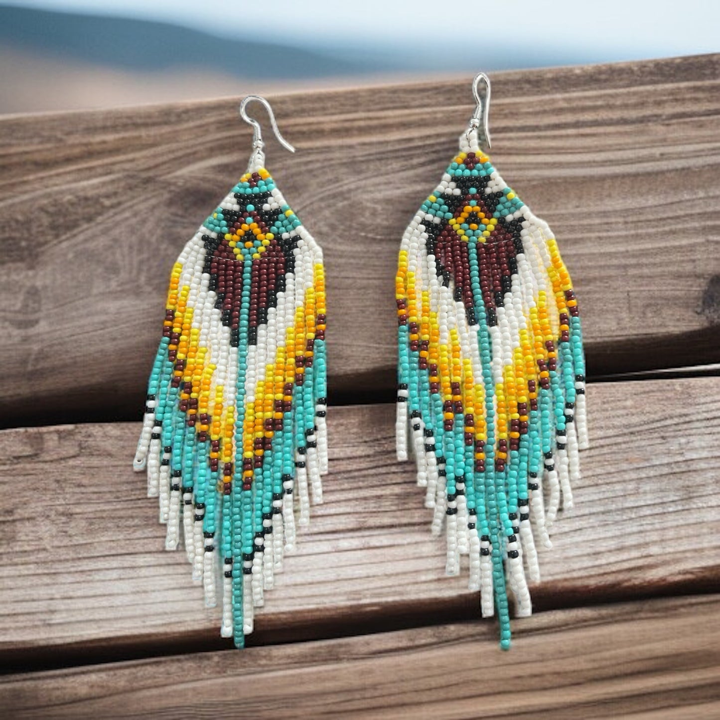 Boho Beaded Fringe Earrings – Turquoise, Burgundy, Black and Yellow Western Style