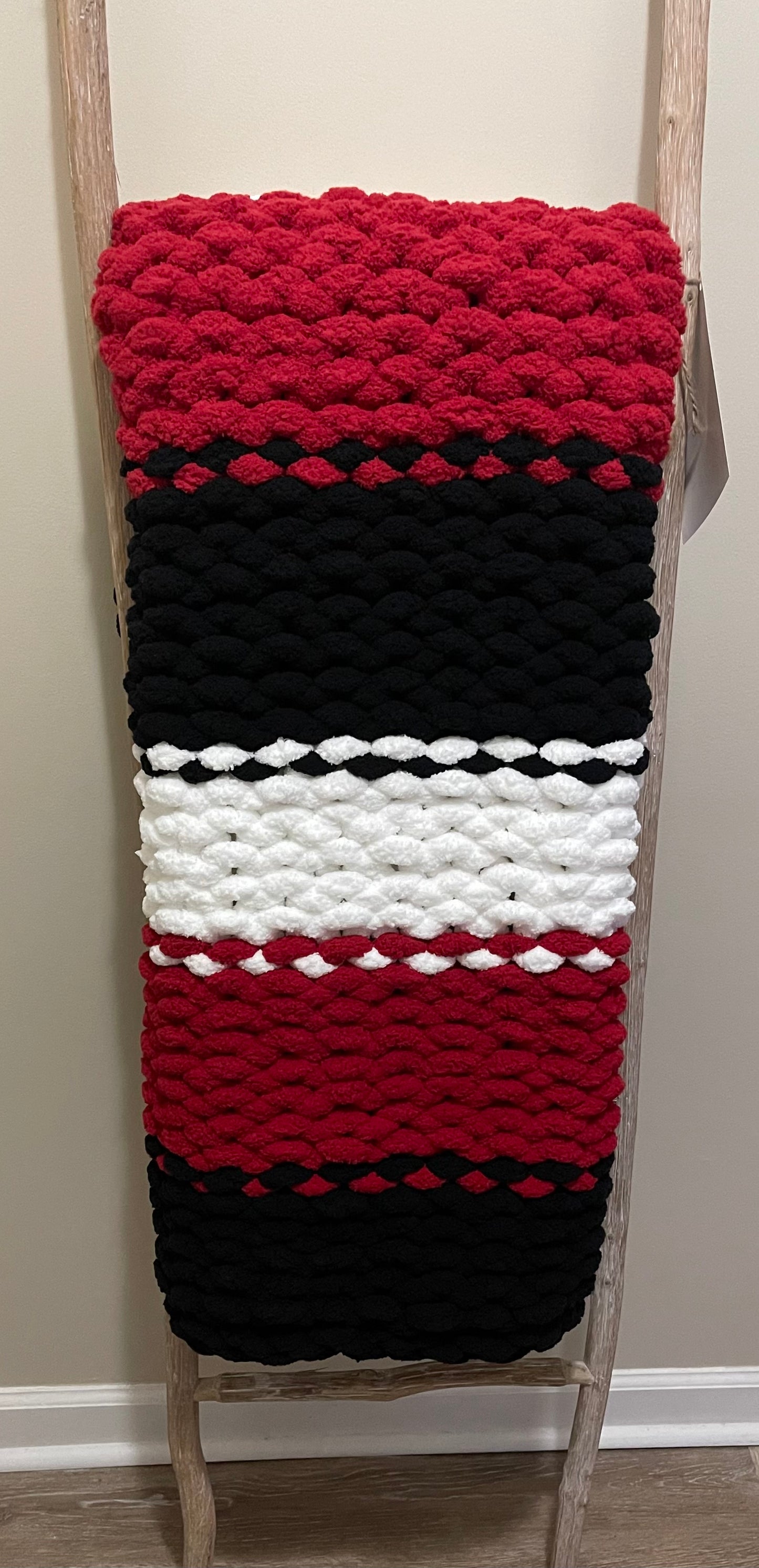 Handmade Red, Black, & White Chunky Chenille Blanket