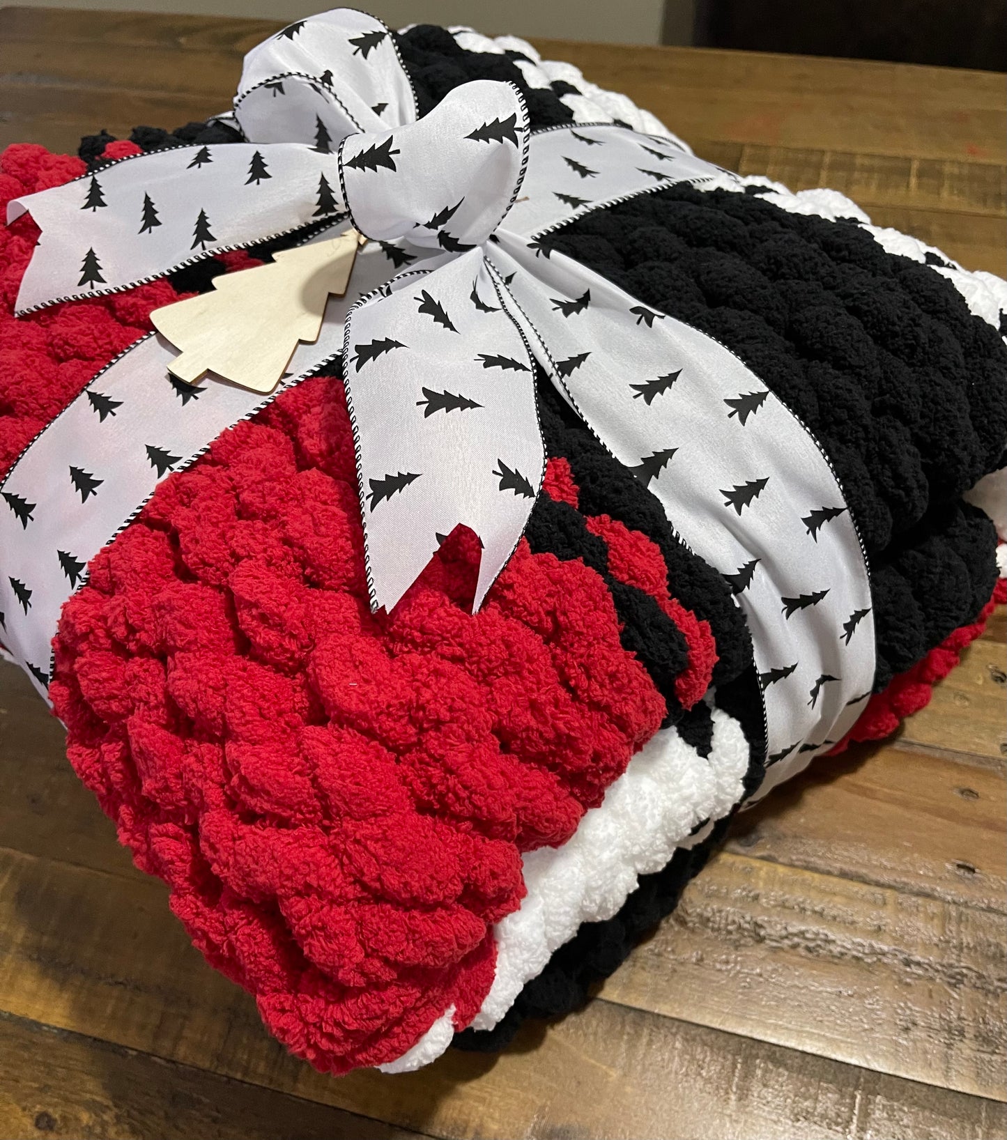 Handmade Red, Black, & White Chunky Chenille Blanket