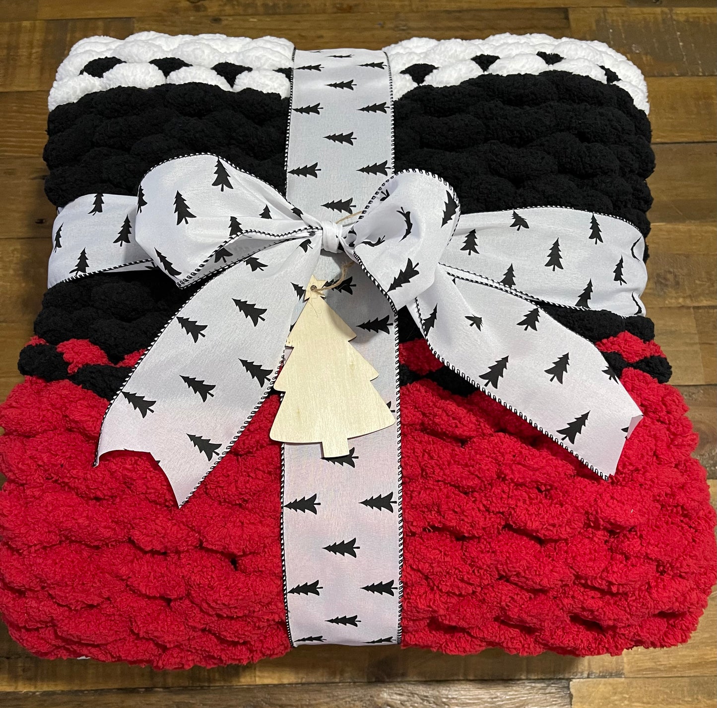 Handmade Red, Black, & White Chunky Chenille Blanket
