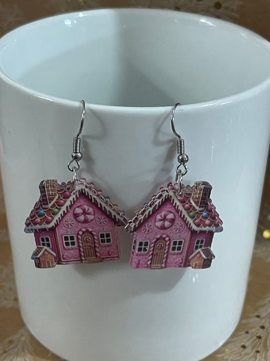 Pink Gingerbread House Earrings