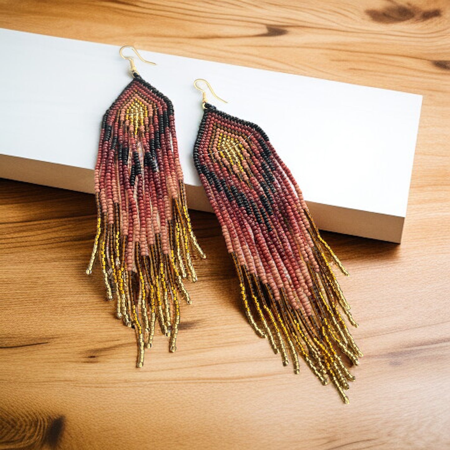 Gold, Black & Brown Beaded Fringe Earrings – Boho Chic Statement Jewelry