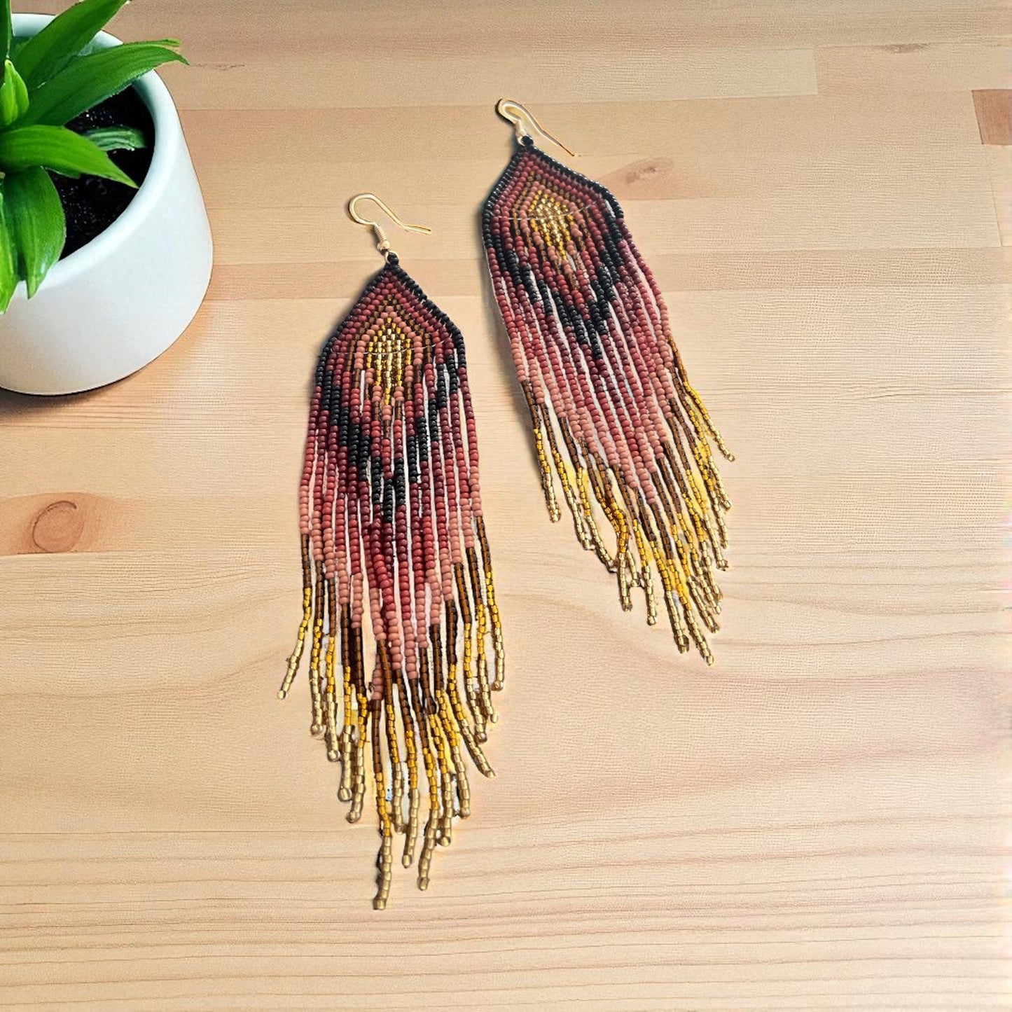 Gold, Black & Brown Beaded Fringe Earrings – Boho Chic Statement Jewelry