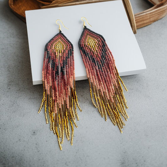 Gold, Black & Brown Beaded Fringe Earrings – Boho Chic Statement Jewelry