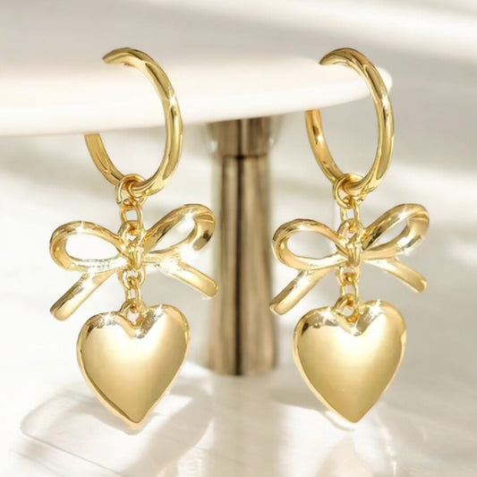 Golden Bow Heart Hoop Earrings