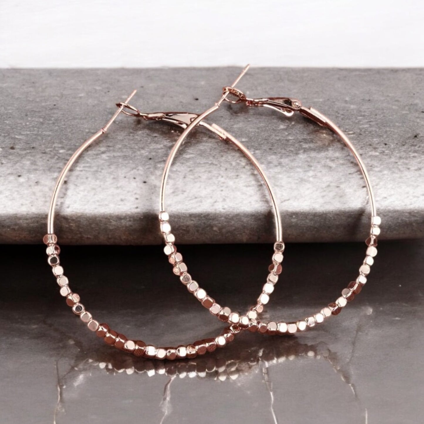 Rose Gold Beaded Hoop Earrings – Elegant Lightweight Jewelry