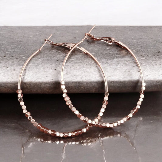 Rose Gold Beaded Hoop Earrings – Elegant Lightweight Jewelry
