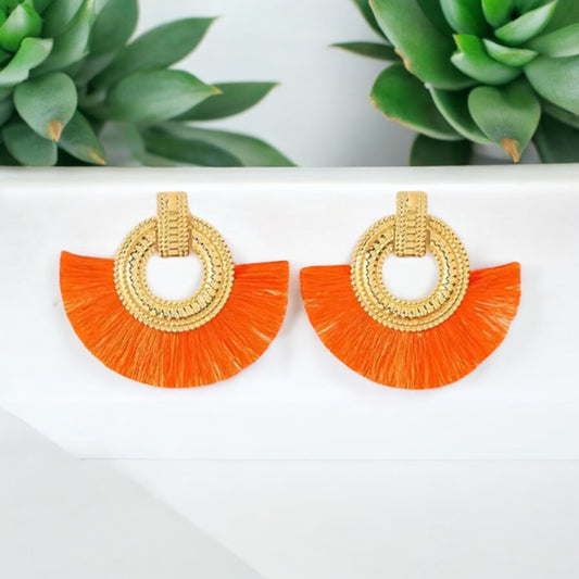Boho Chic Gold and Orange Fan Tassel Earrings