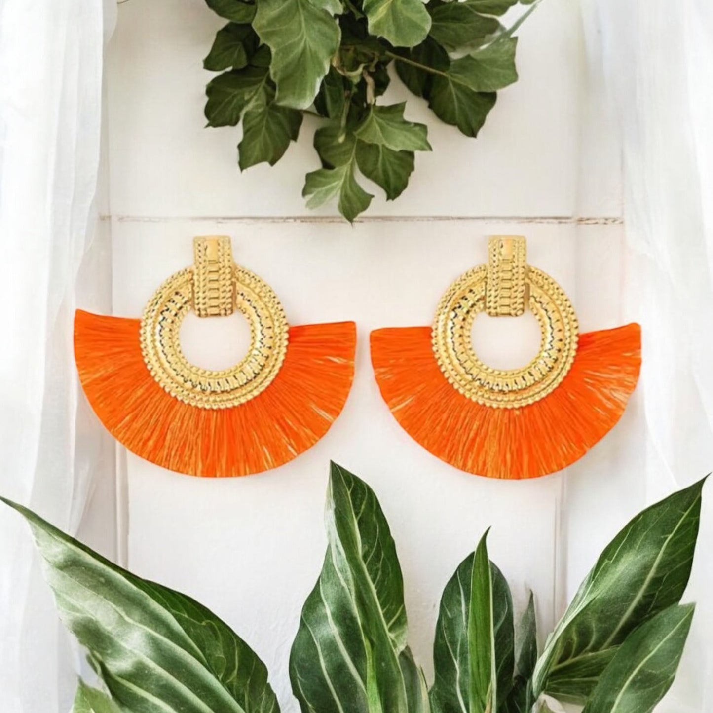 Boho Chic Gold and Orange Fan Tassel Earrings