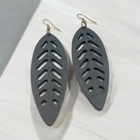Smoky Blue Wood Leaf Earrings