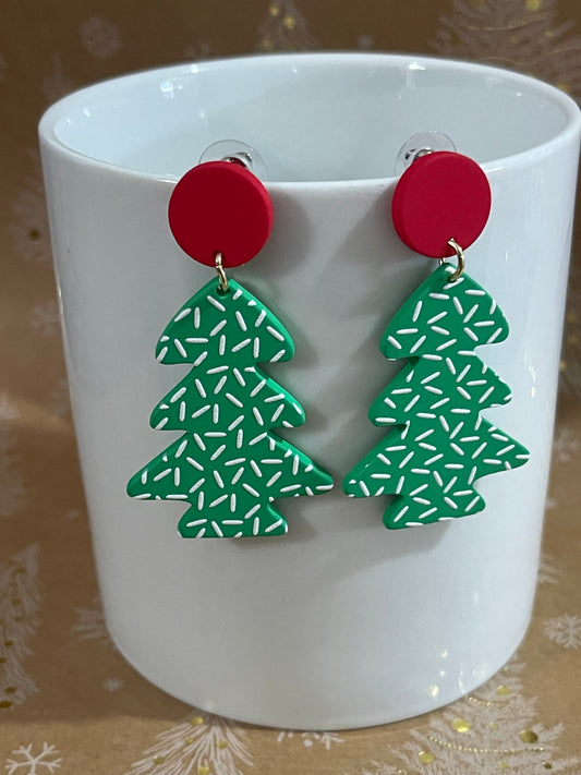 Green Christmas Tree Earrings with White Sprinkles and Red Stud Accent