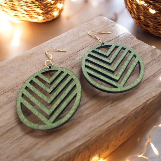 Emerald Chevron Circle Laser-Cut Wood Earrings