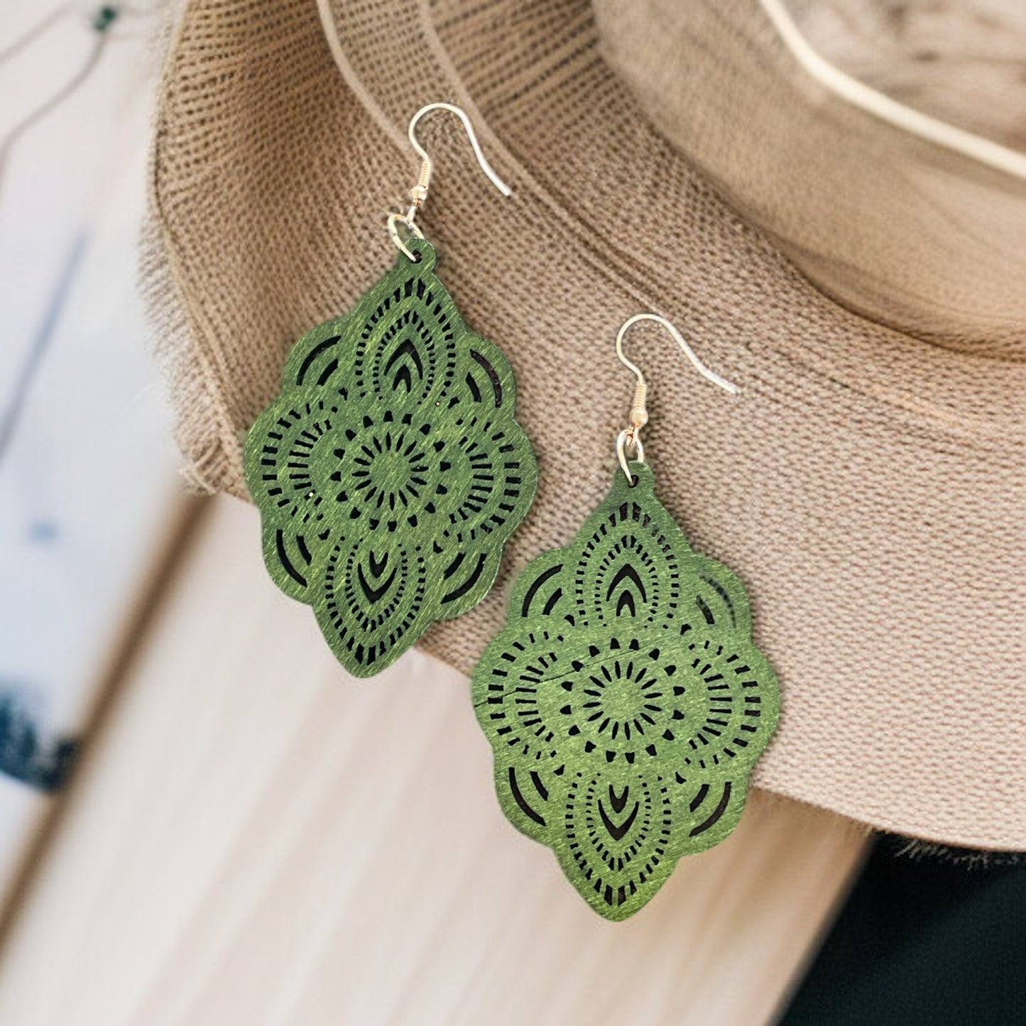 Emerald Mandala Wood Earrings