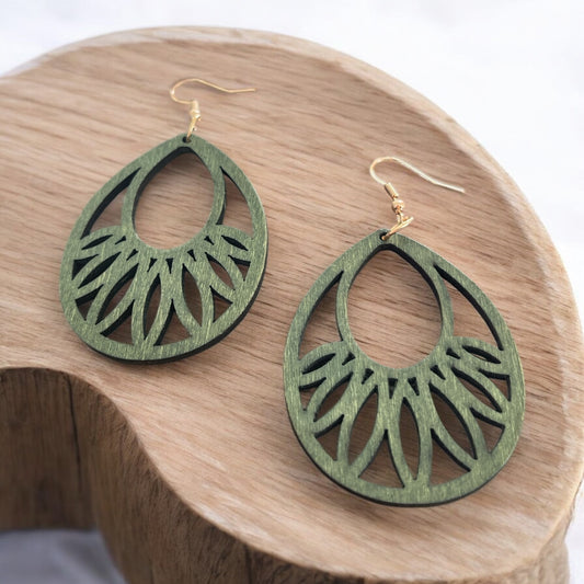 Emerald Teardrop Laser-Cut Wood Earrings