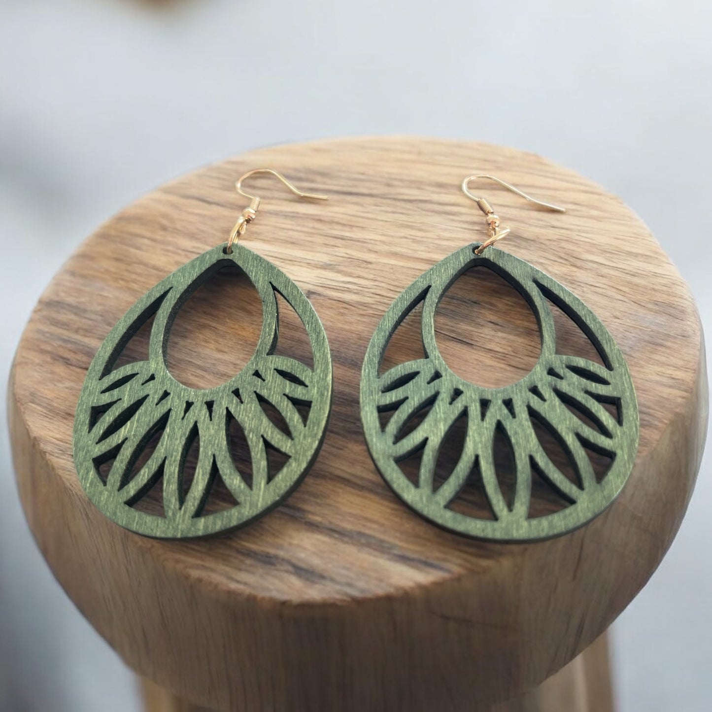 Emerald Teardrop Laser-Cut Wood Earrings