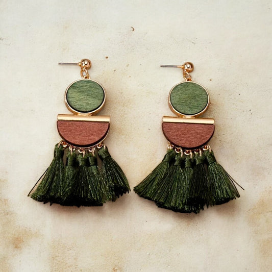 Boho Chic Wooden & Tassel Dangle Earrings