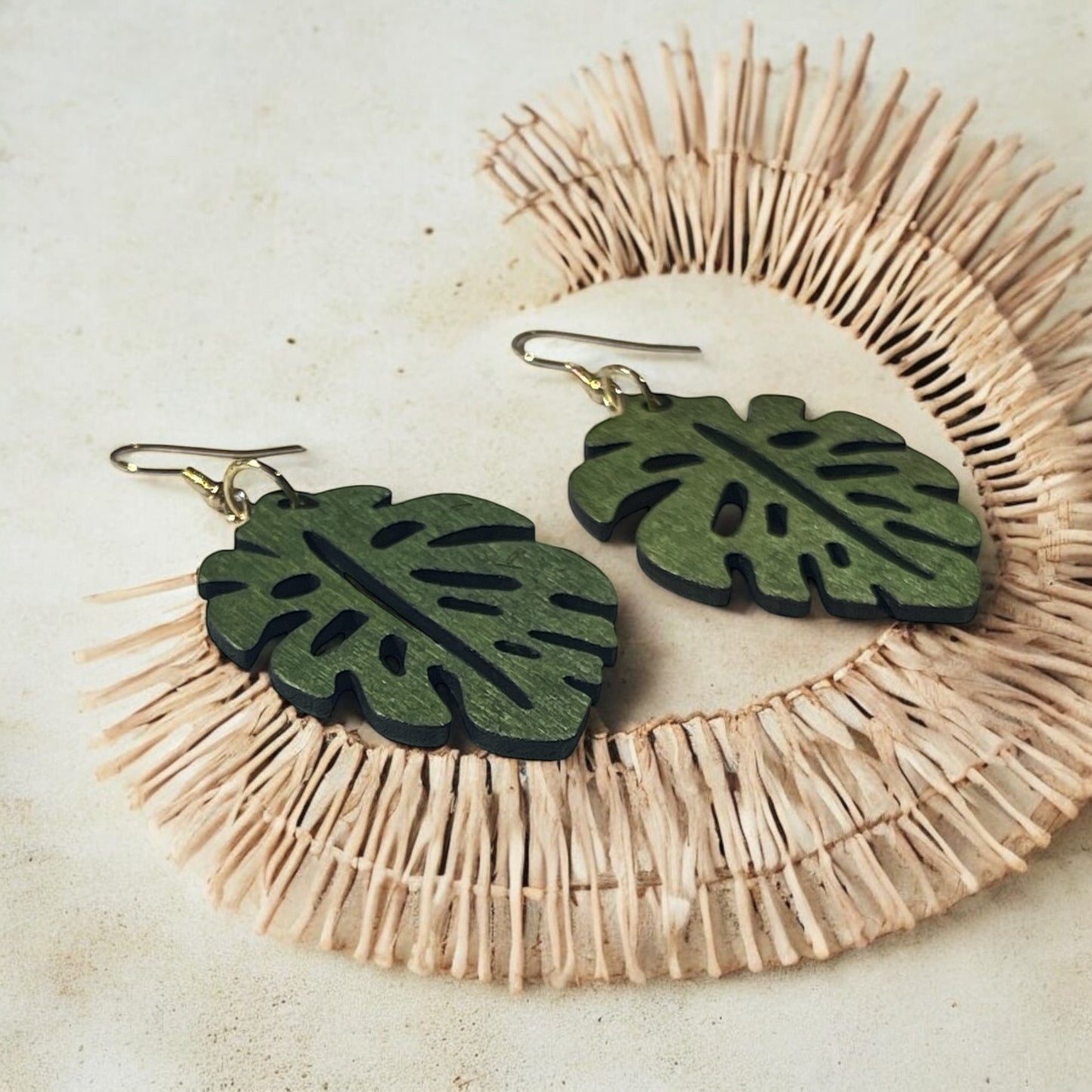 Hunter Green Monstera Leaf Earrings