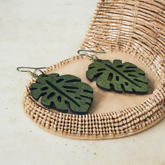 Hunter Green Monstera Leaf Earrings