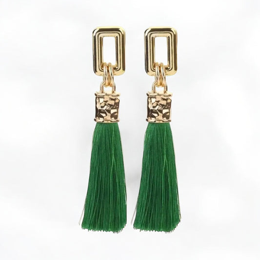 Luxe Emerald Green Tassel Earrings with Gold Accents